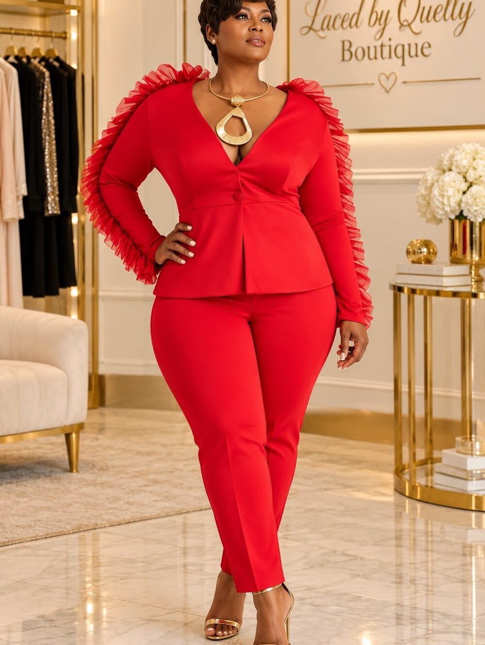 Ashley Stewart Red Ruffle-Sleeve Pantsuit